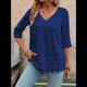 thumbnail image 4 of Camiseta de Verano con Cuello en V, 3/4, Estilo Retro, y con Bordado de Patchwork de Encaje Vintage para Mujer. Azul XXL, 4 of 10