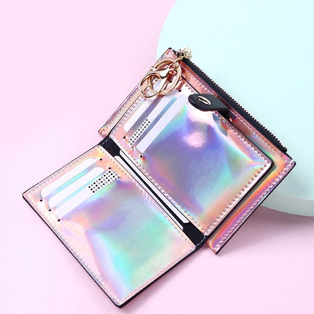 Cartera de cuero PU pequeña y de moda para mujer, con bloqueo , plegable con bolsillo para monedas, tarjetero, monedero, llavero Rosa Soledad Carteras de mujer