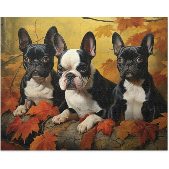 Jigsaw Puzzles 500 Piece for Adults - Dogs in Forest - Boston Terrier in Autumn Park Fun Puzzle Educational Family Game Toys Adults Home Decoration Colorful Puzzle Gifts