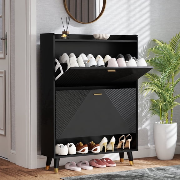 Modern Wooden Shoe Cabinet with 2 Flip Drawers & Hooks, Narrow Storage Organizer for Entryway, Hallway, Living Room, Black