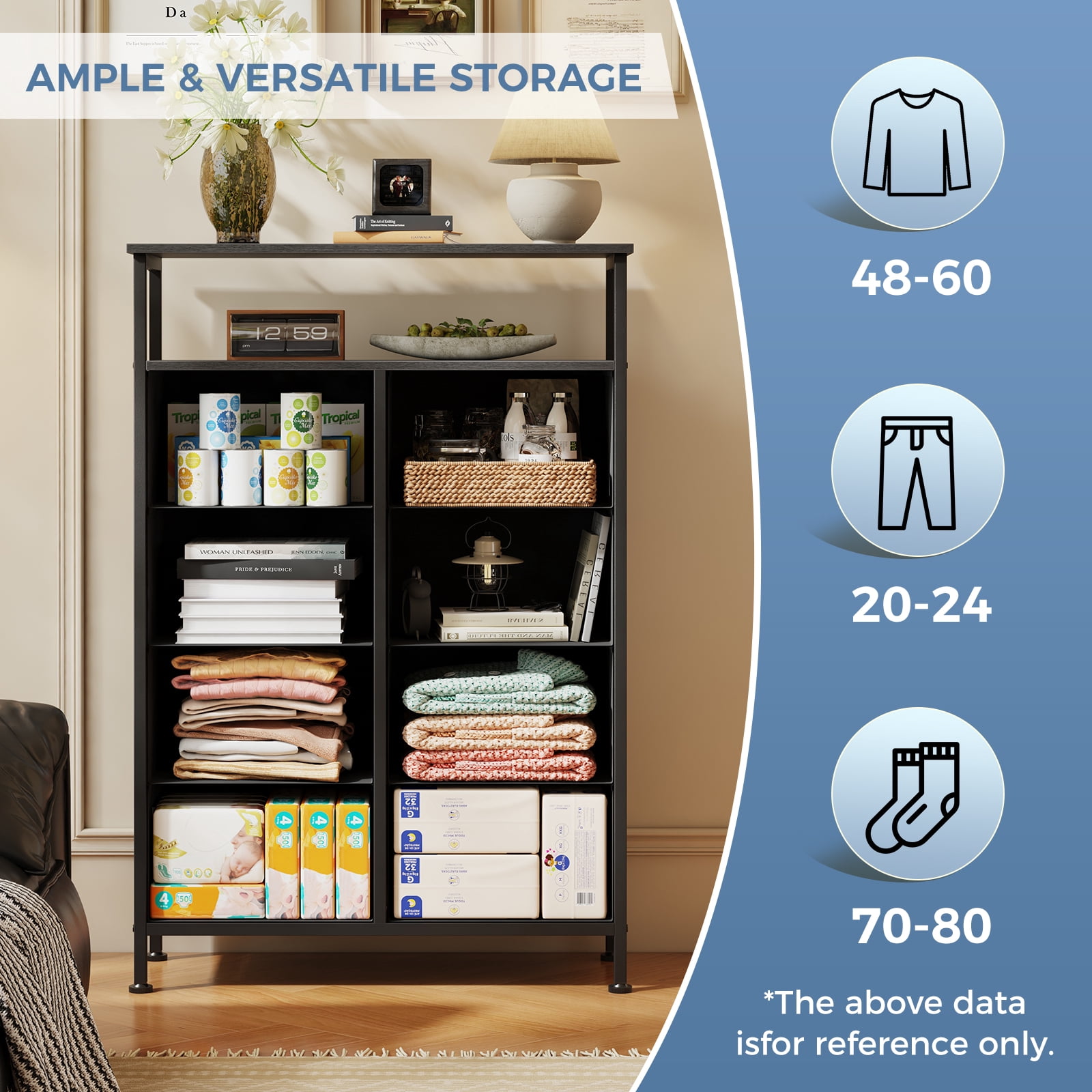 CONCETTA 8-Drawer Fabric Storage Cabinet with Open Shelf, 45.9-inch Tall for Bedroom, Living Room, All Ages, Wood Black, Wood Black