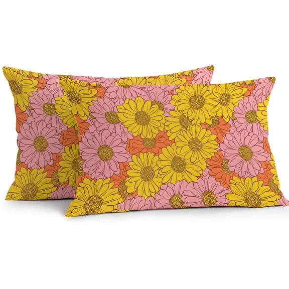 Chrysanthemum Outdoor Pillow Covers Pack of 2 Yellow Pink Orange Flowers Hand Drawn Lines Waterproof Throw Pillow Covers Decorative Cushion Cases for Patio Garden Tent Balcony Couch 20x12 inch