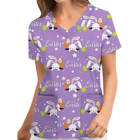 

FOCUSNORM Easter Women Scrubs Tops Easter Eggs Bunny Print V Neck Short Sleeve Medical Scrub Shirts Working Uniform with Pockets