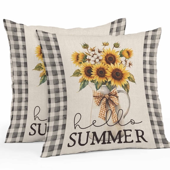 Outdoor Waterproof Pillow Covers Pack of 2, Sunflower Hello Summer Black Buffalo Plaid Vintage Linen Farmhouse Decorative Throw Pillowcases Cushion Covers for Garden Patio Tent Sofa Couch, 18x18 inch