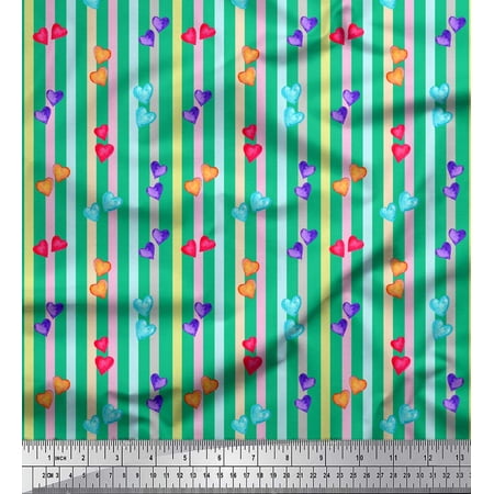 Soimoi Green Georgette Viscose Fabric Heart Stripe Printed Craft Fabric by the Yard 42 Inch Wide