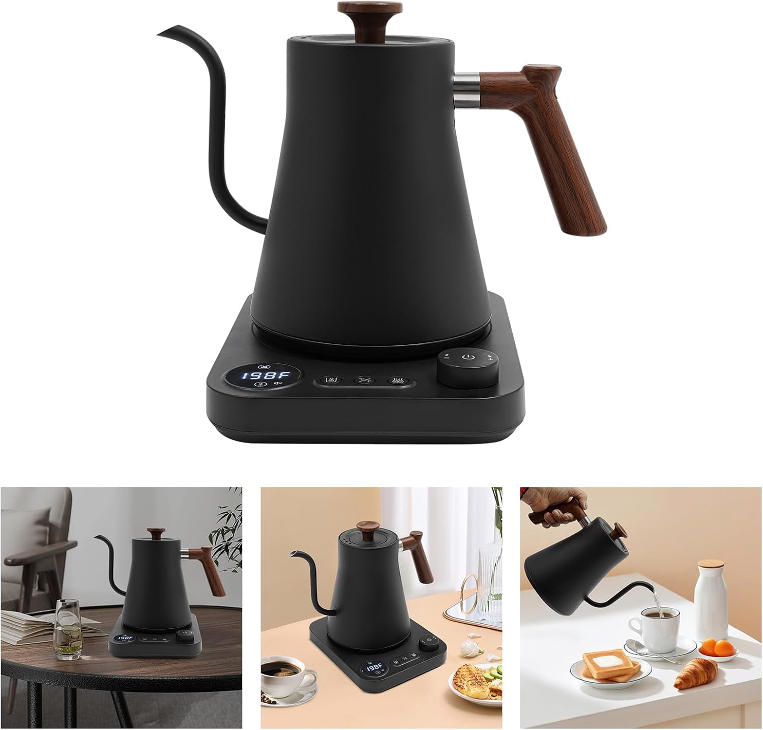 Electric Gooseneck Kettle for Coffee/Tea, 1200W 0.9 Liter Electric Kettles with Food Grade 304 Stainless Steel Inner, Quick Heating, Precise Temperature Control (Black)