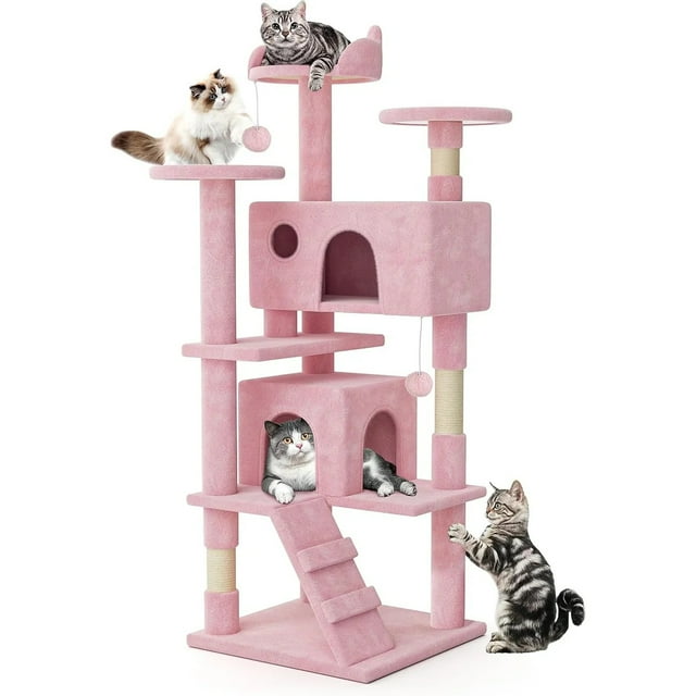BestHome Multi-Level Cat Tree & Condo – Sturdy Climbing Tower with Sisal Scratching Posts & Interactive Toys,54inch, Pink
