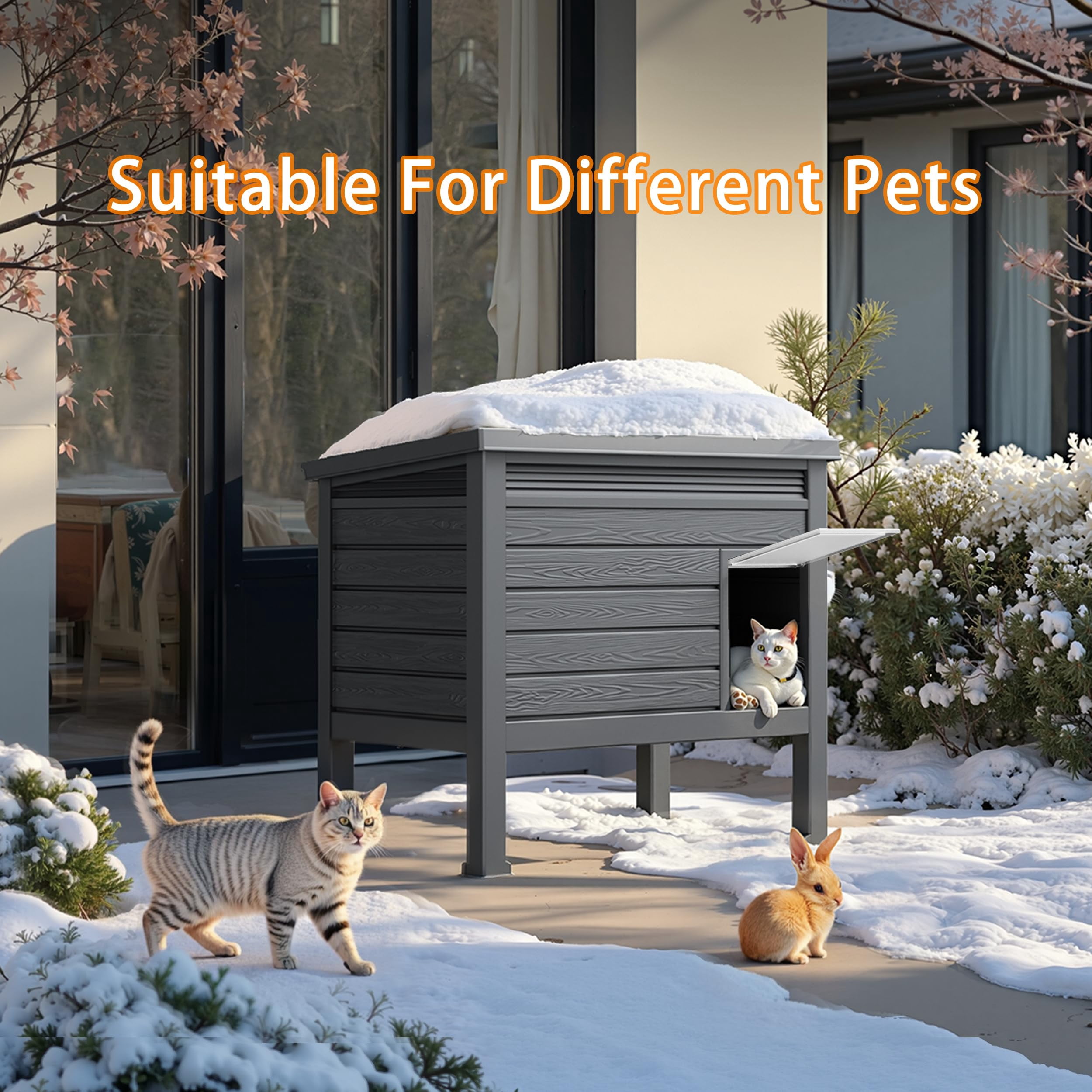 Outdoor Cat House, Weatherproof Feral Cat Shelter with Raised Floor, Warm, PP Material, Outdoor Feral Cat House for Cats and Small Animals, with Door, Easy to Assemble (Black, Large)