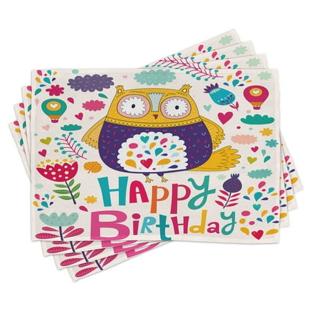 

Birthday Placemats Set of 4 Funny Baby Owl Bird with Heart Leaves and Flowers Greeting Doodle Style Print Washable Fabric Place Mats for Dining Room Kitchen Table Decor Multicolor by Ambesonne