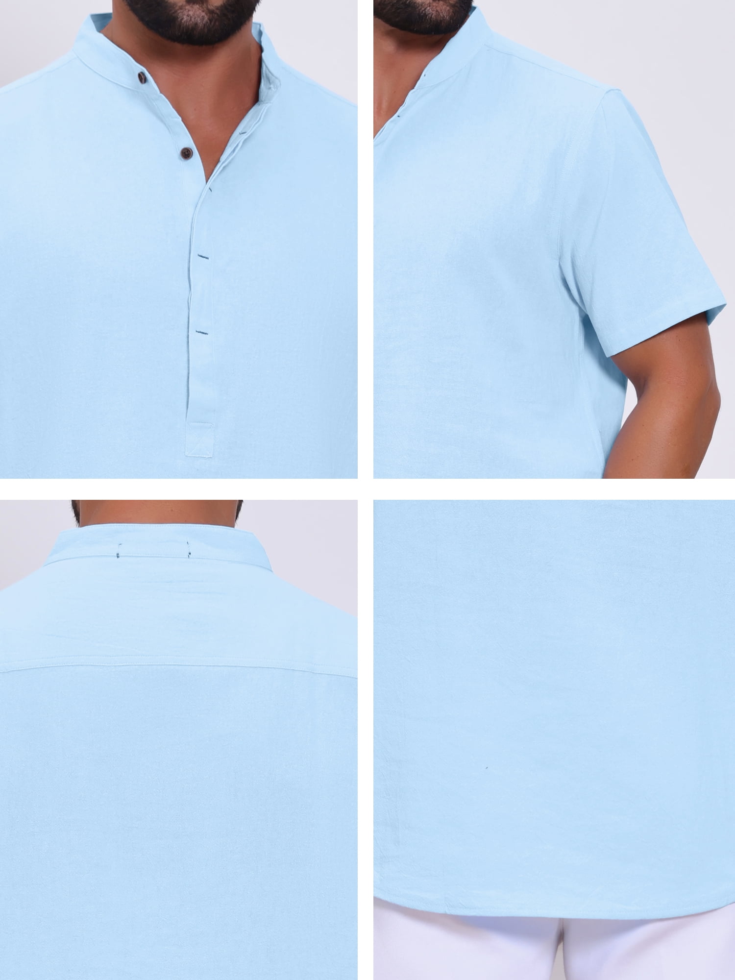 DARING DIVA Men's Casual Henley Band Collar Short Sleeve Summer Linen Shirts XL Light Blue