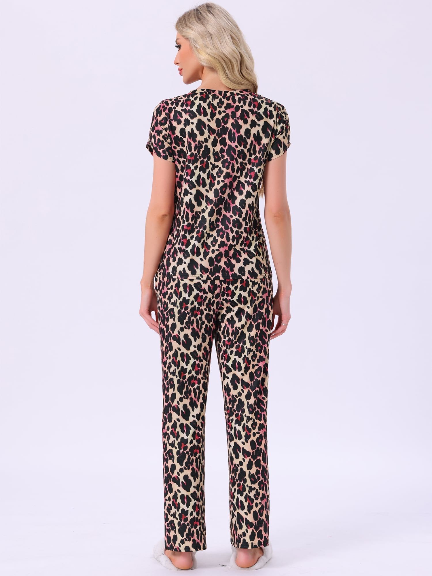 DARING DIVA Pajamas V Neck Top Drawstring Pants Sleepwear Lounge Sets S Leopard