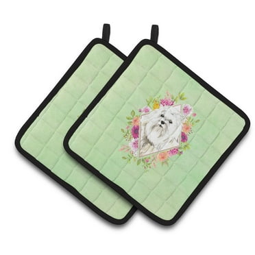 Carolines Treasures CK4383PTHD Maltese Green Flowers Pair of Pot Holders 7.5HX7.5W multicolor