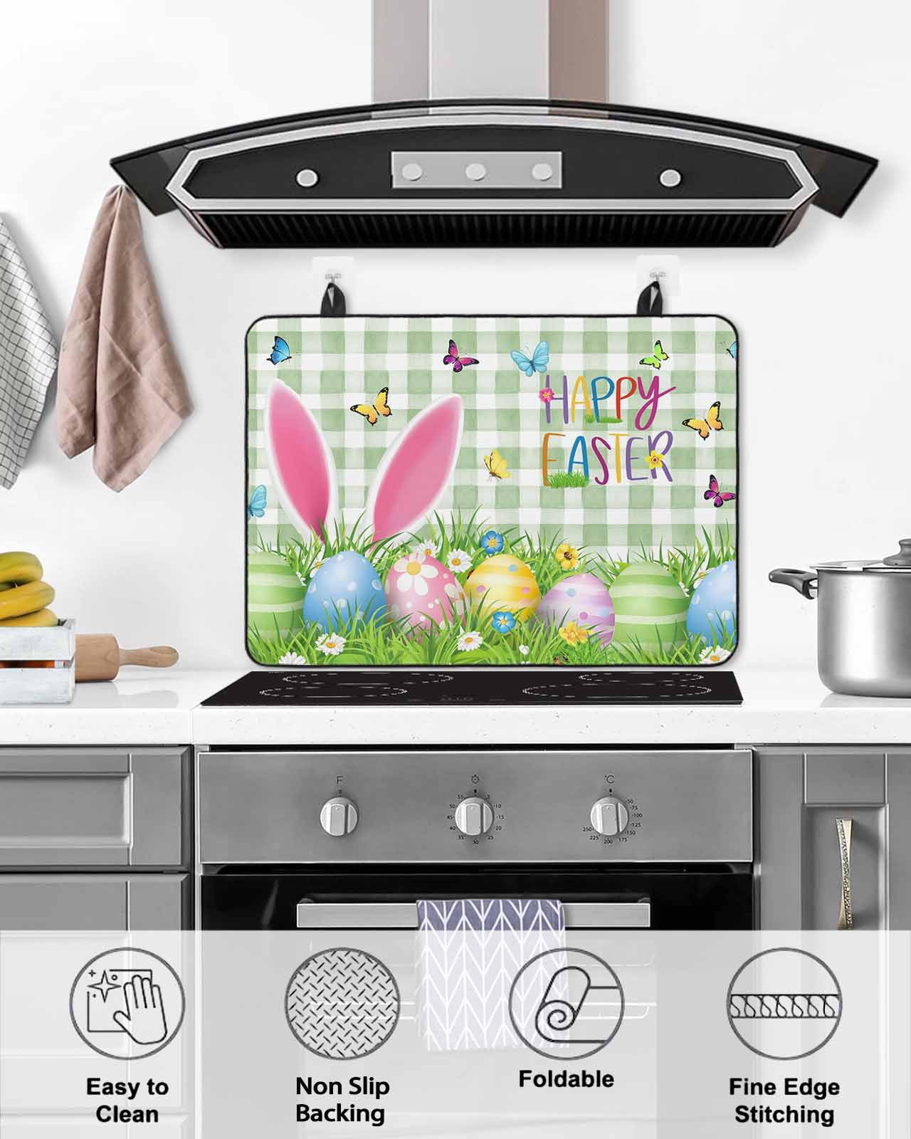 Large Induction Cooktop Protector Mat Easter Stove Top Covers for Electric Stove, Spring Easter Eggs Bunny Butterflies Green Plaid Decorative Stove Burner Cover Mats, Glass Top Stove Cover