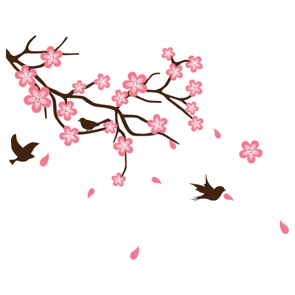 Home Living Room 16" x 20" Cherry Blossom Tree Flowers Vinyl Decoration Sticker Girly Art Brown Bird Silhouettes Design Easy To Apply Floral Art Bedroom Wall Decal