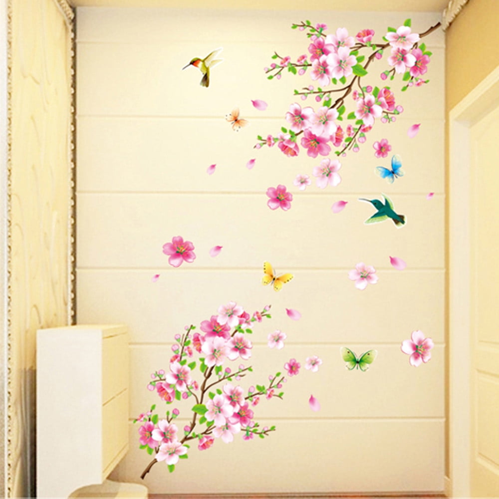 PINK BLOSSOM BRANCH wall stickers 36 decals leaves flowers decor cherry