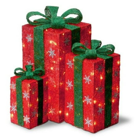 Set of 3 Tall Red Sisal Gift Boxes Lighted Christmas Yard Art ...