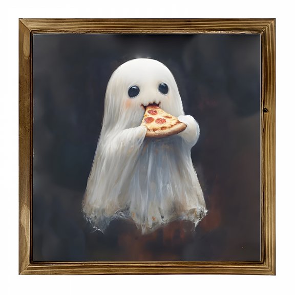 LAMIRO Cute Ghost Eating Pizza Wooden Wall Decor - Halloween Decorations, Ghost Pictures Wall Decor, Cute Non-Scary Ghost Decor for Home Party & Unique Fun Gift