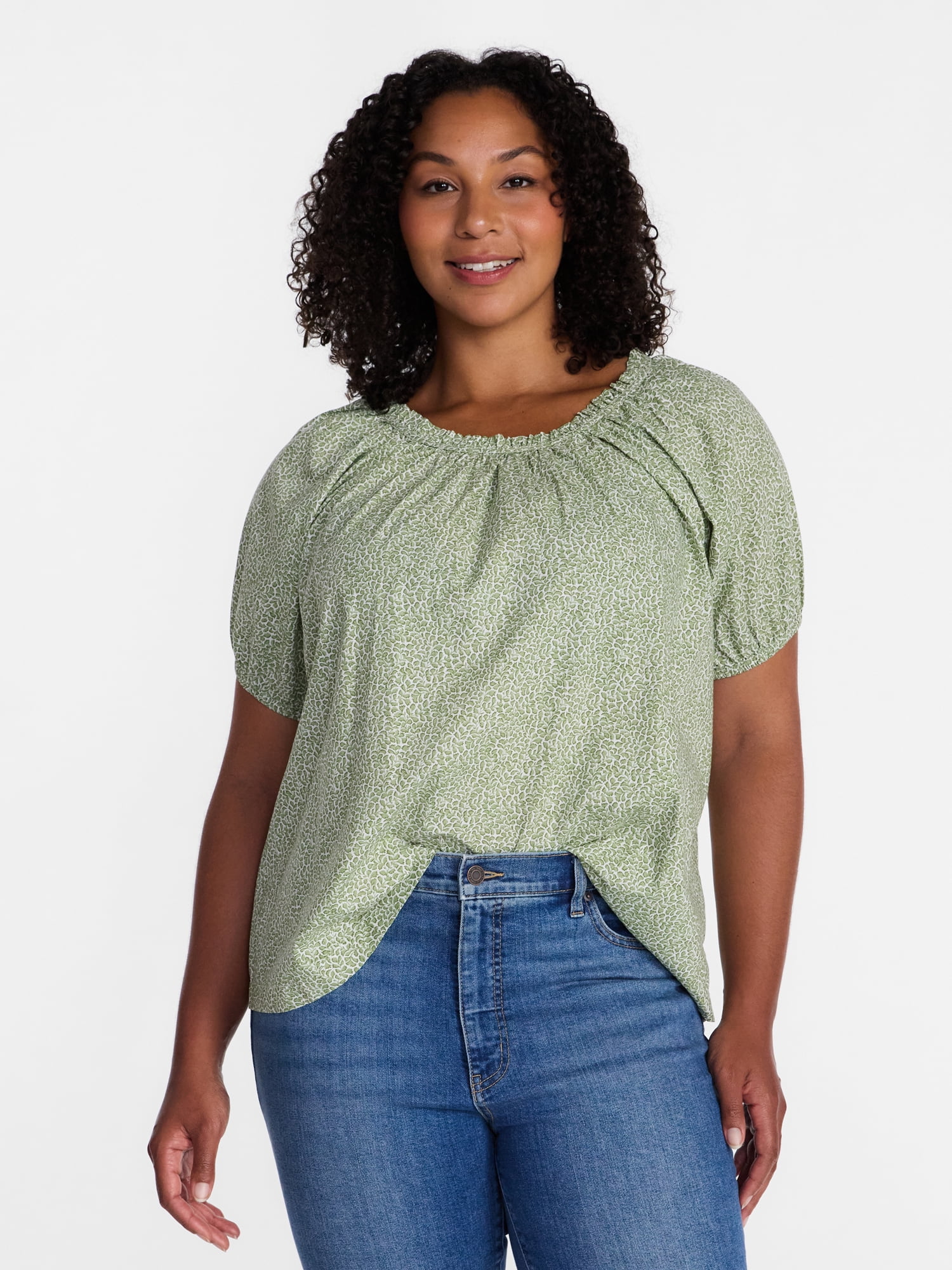 Time and Tru Women's Ruffle Neck Cotton Top with Short Puff Sleeves, Sizes XS-XXXL
