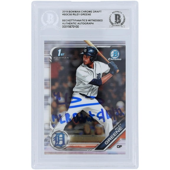 Riley Greene Detroit Tigers Autographed 2019 Bowman Chrome Draft #BDC-50 Beckett Fanatics Witnessed Authenticated Rookie Card with "MLB DEBUT 6-18-22" Inscription - Fanatics Authentic Certified