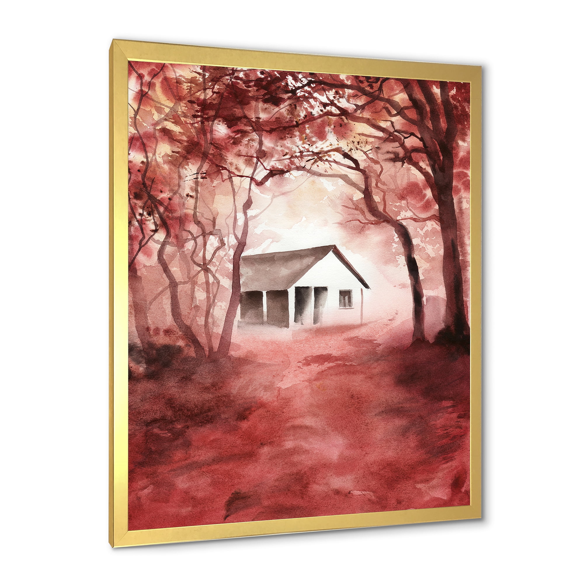 Designart 'Red Autumn Woods and A House in Wild' Cabin & Lodge Framed Art Print