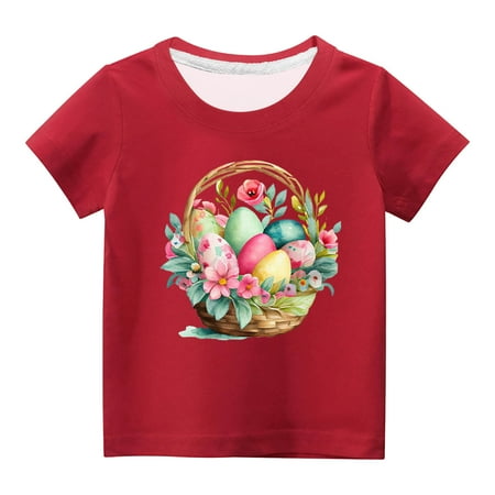 Toddler Kids Boys Girls Fashion Easter Cute Flower Easter Eggs Print Round Neck Print Short Sleeve Top Discount Chrismas Gifts Red