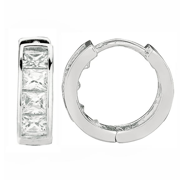 Ritastephens Sterling Silver Princess Cut Huggy Huggies Hoops Hoop Earrings 4.5x14mm Cubic Zirconia