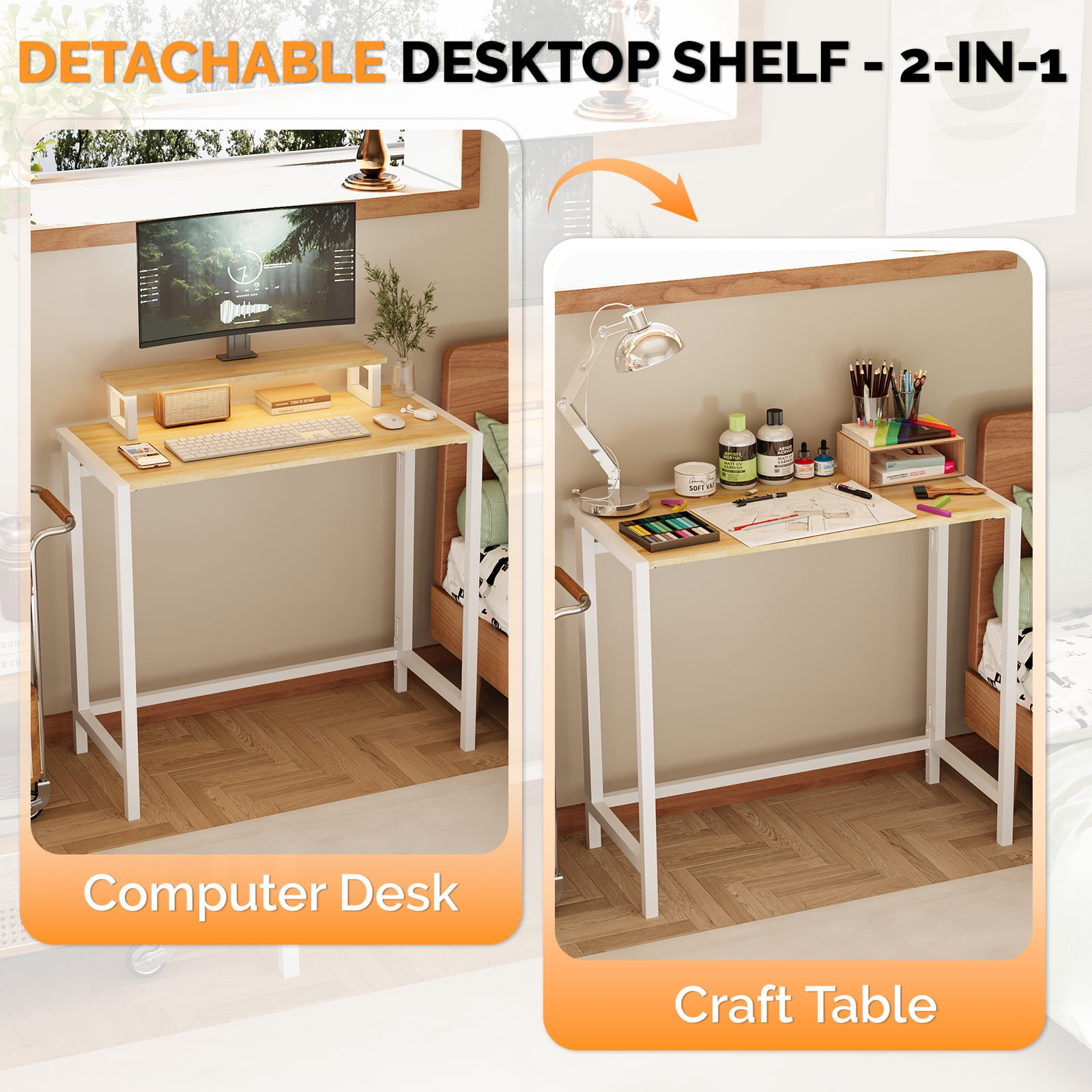 31.5" Computer Desk with Desktop Shelf and RGB Lighting, Foldable, Teak & White