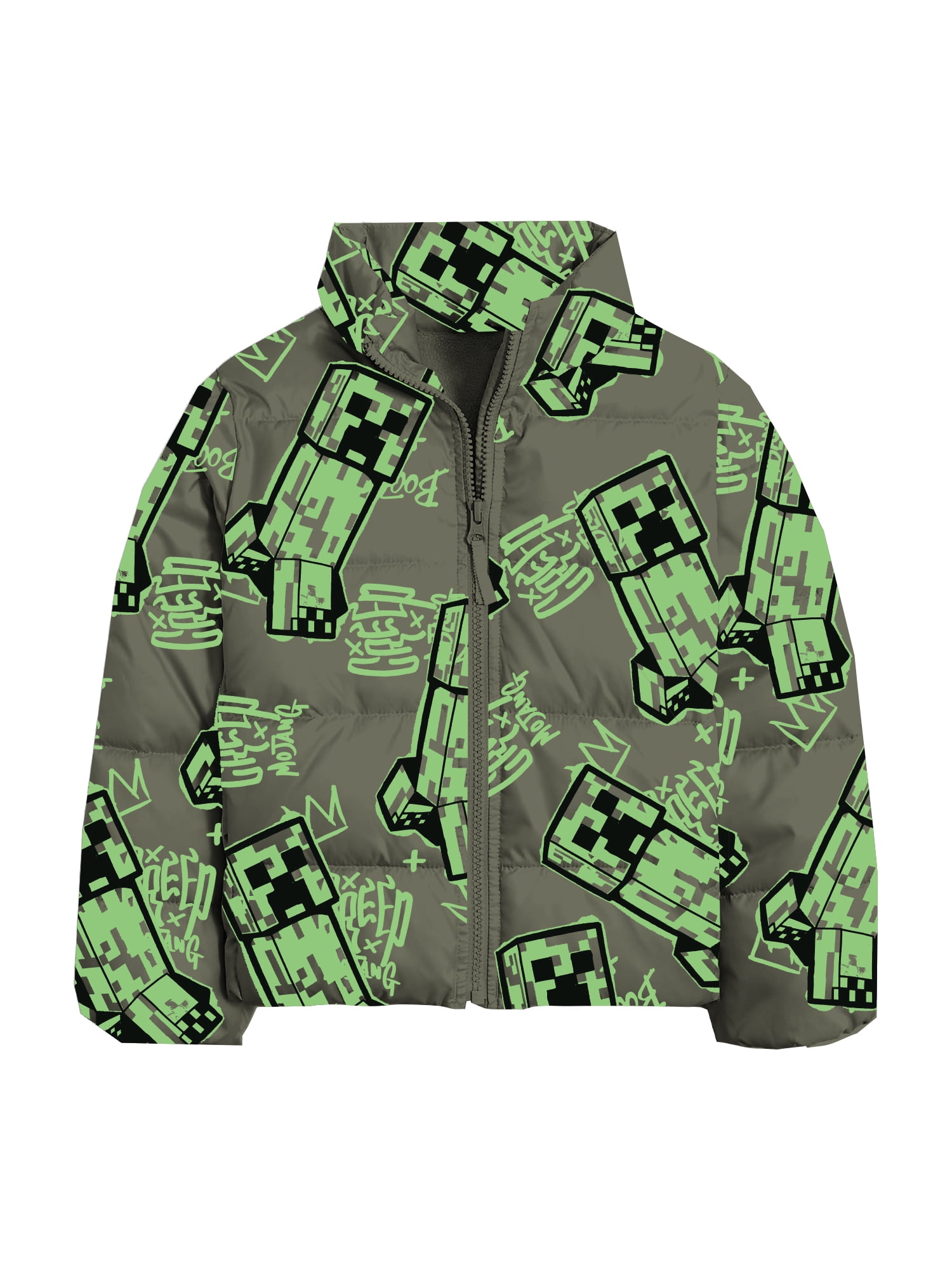 Minecraft Little and Big Boys Creeper Zip Puffer Jacket, Lightweight, Sizes 4-16