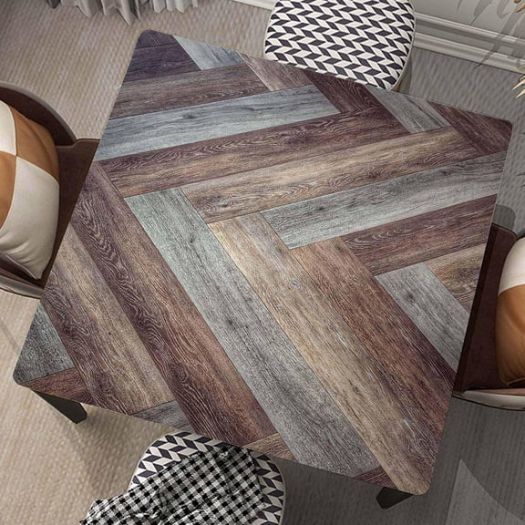 Wood Grain Square Tablecloth Fitted Table Cover with Elastic Edge Wooden Board Cloth Washable Tablecloths Wipe Clean for Indoor Outdoor Home Farmhouse, Fit for 32"x32" Tables, Style-13