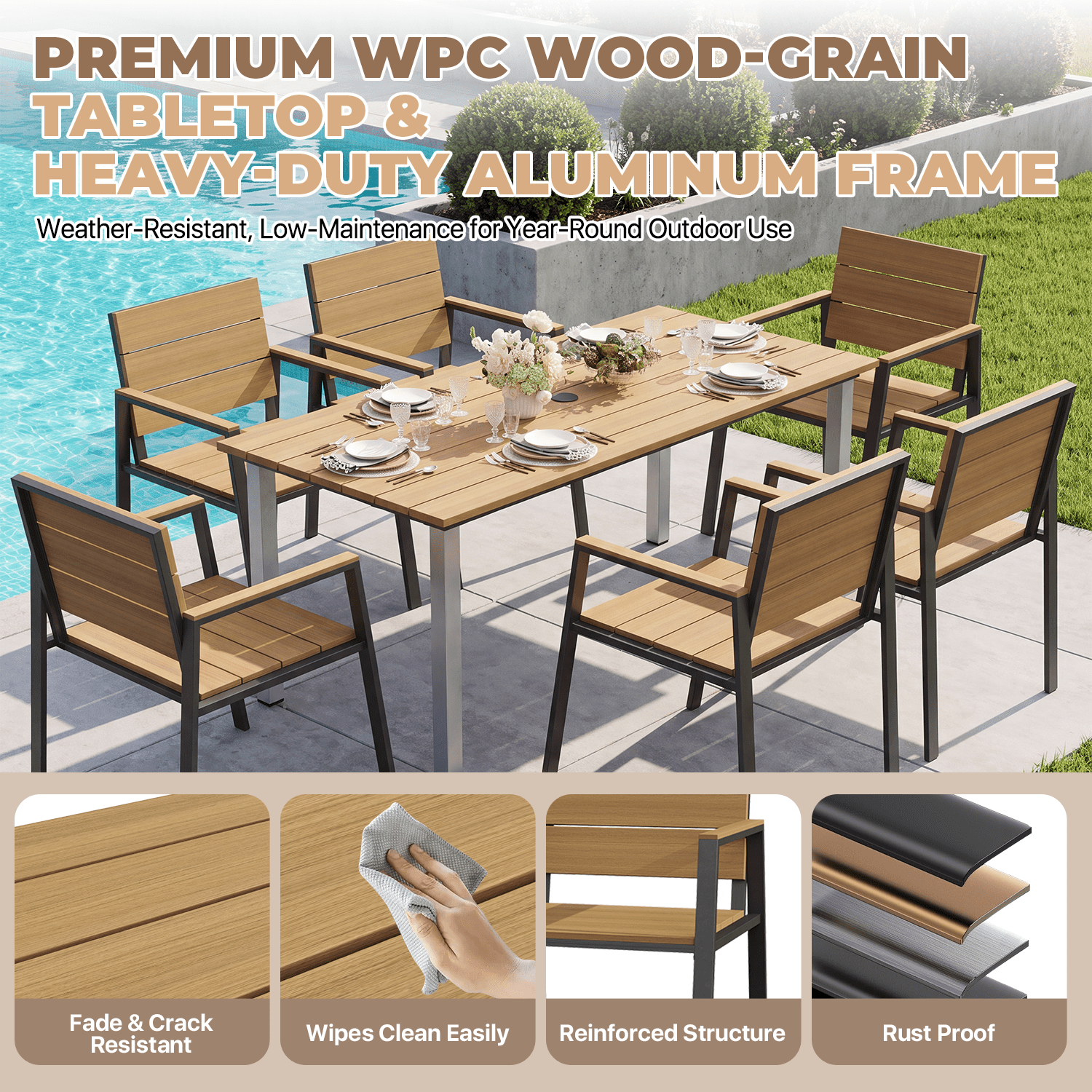 BaPiPro 7-Piece Outdoor Patio Dining Set for 6, Rust-Free HDPS Aluminum Patio Table and Chairs with Umbrella Hole, Heavy Duty All Weather Fade Resistant Maintenance Free Backyard Furniture, Yellow