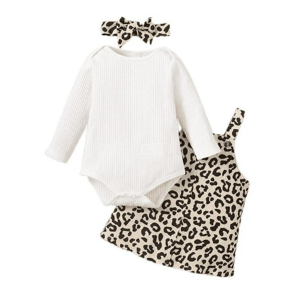 Mikrdoo Newborn Baby Girls Outfits Solid Color Romper Leopard Print Straps Suspender Skirts Headband 3Pcs Clothes Set White 9-12 Months