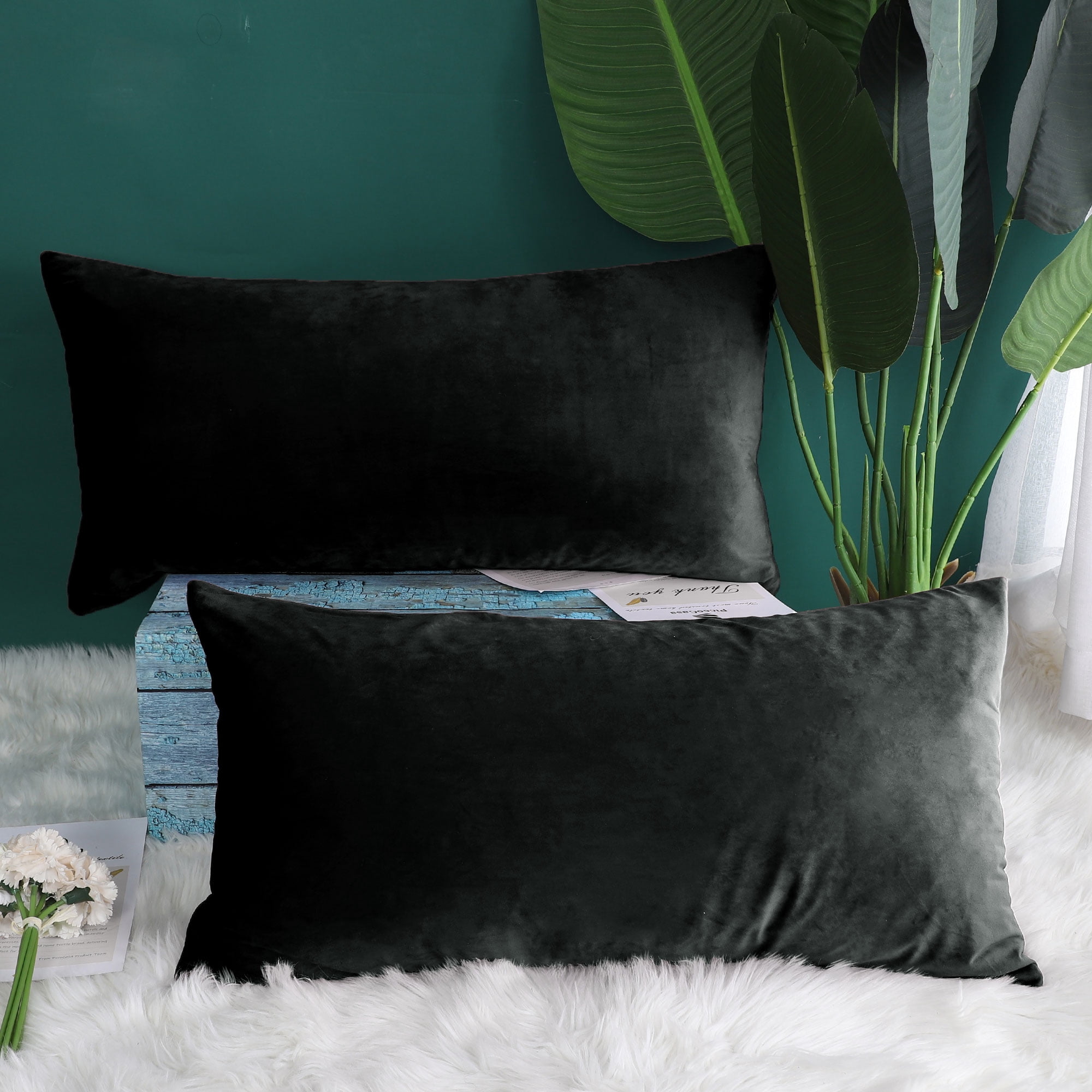 PiccoCasa Striped Decorative Throw Pillow Covers, Striped Cushion Covers, Sofa Pillow Covers Solid Velvet Black 16x31 Inch