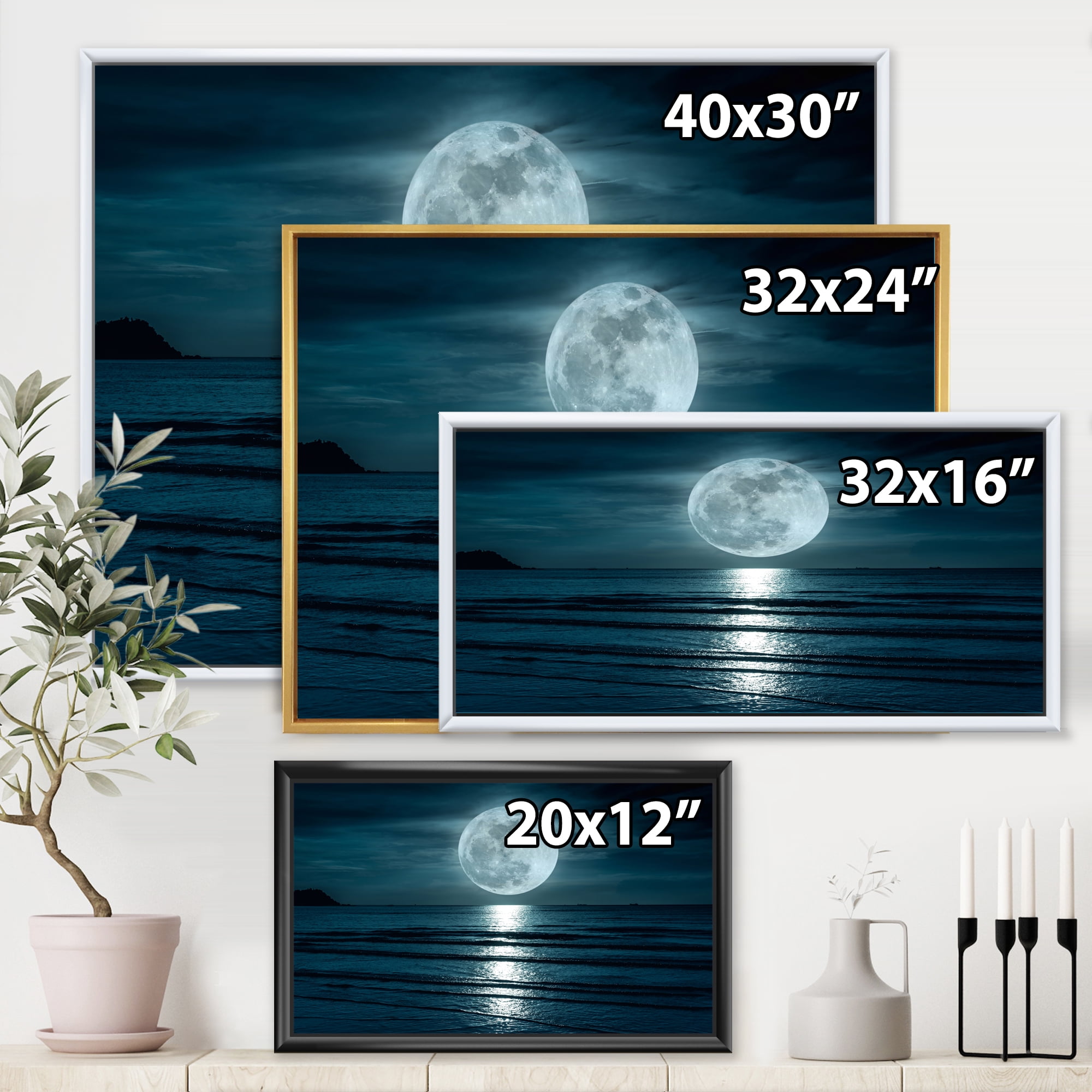 Designart 'Super Full Moon Over The Sea I' Modern Framed Canvas Wall Art Print