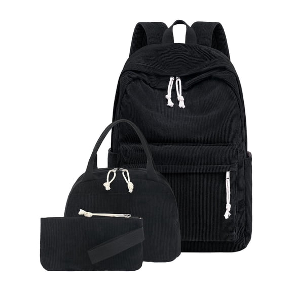 Yulin Corduroy Black Backpack for Teens Adult, 3Pcs Set Students Book Bag with Lunch Box Pencil Case, Lightweight 17 inch Laptop Bag with minimalist design for work