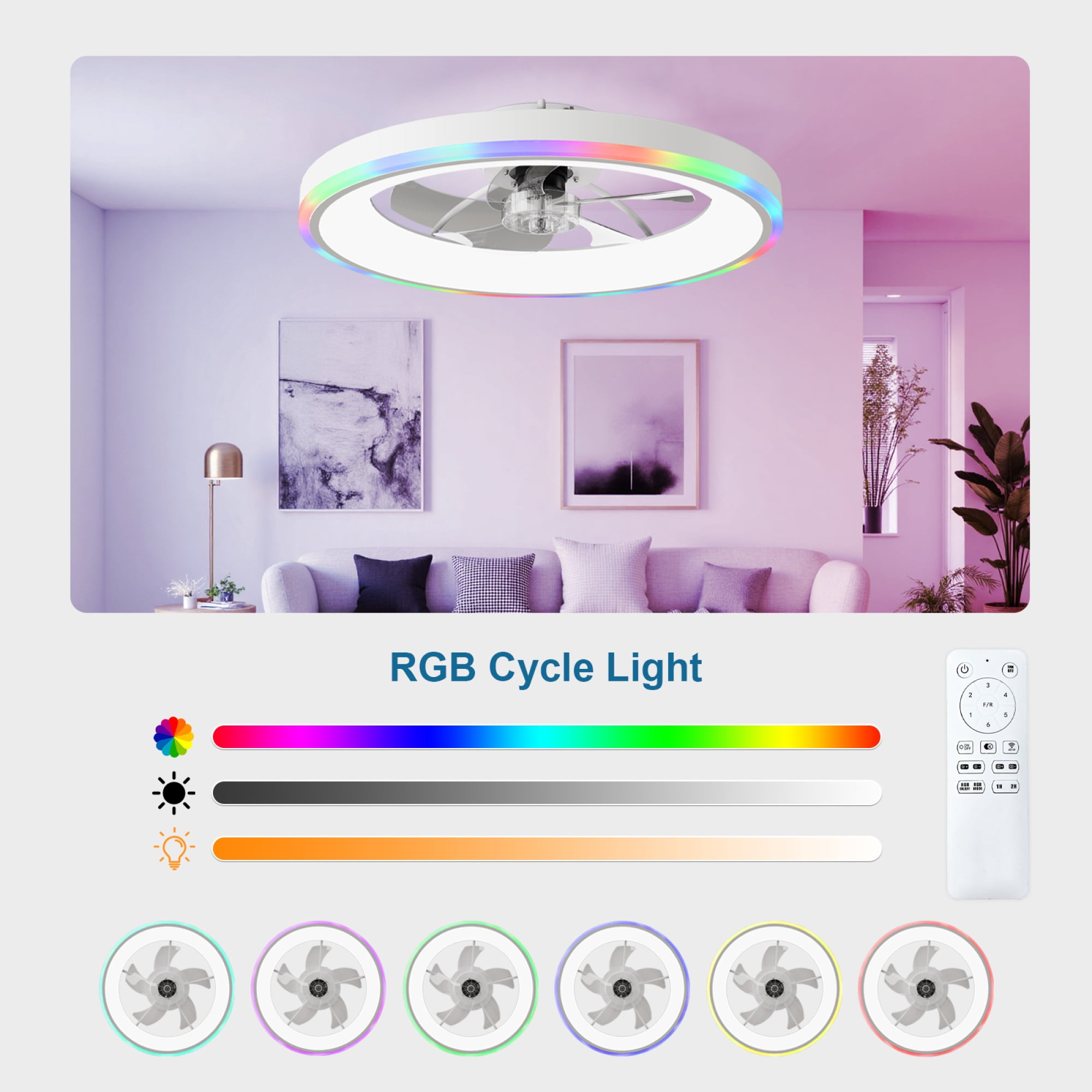Leumius 23.6" Modern RGB Ceiling Fan with Lights, Flush Mount Low Profile Fan with Remote & APP, 6-Speed Reversible Silent DC Motor, Dimmable 3000-6500K LED for Bedroom Living Room White