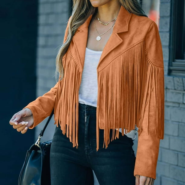 Diufon Suede Tassel Crop Jacket Women Fringed Hem Tassel