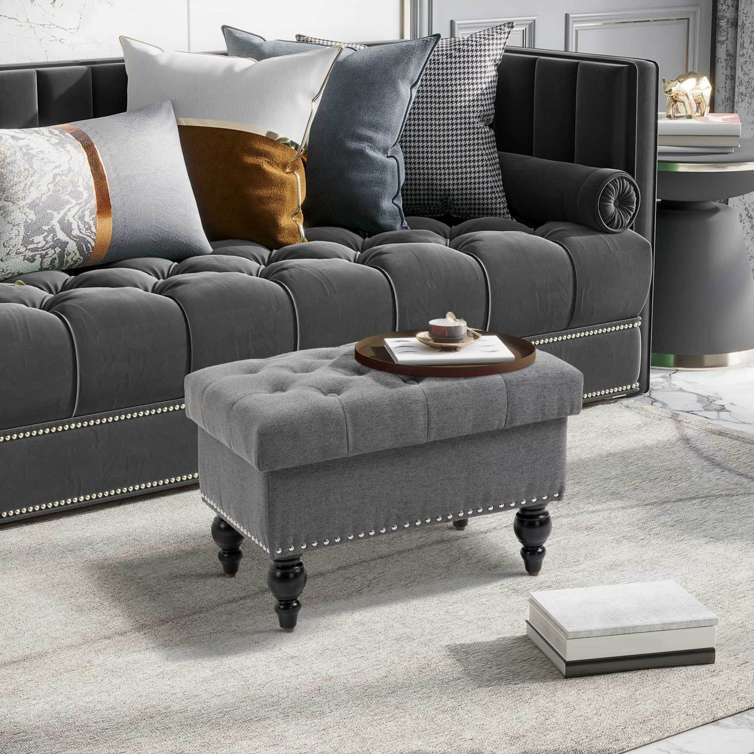 Ottoman With Storage For Living Room, 25" Tufted Storage Ottoman With Removable Lid & Wood Legs, Plush Fabric Footrest & Seat, Gray