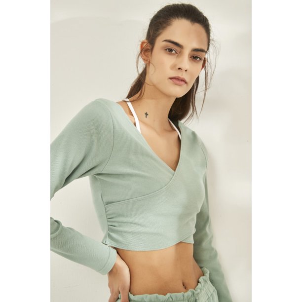 Ropa de yoga y fitness para mujer, cuello en V grande, informal, transpirable, para correr, deportes, manga larga, ropa de secado rápido