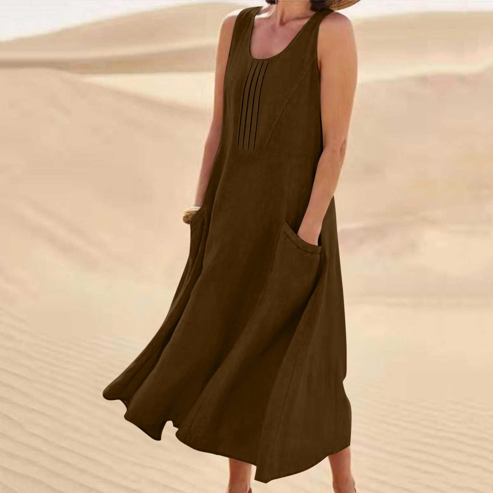 Dreluolixuan Womens Athletic Dress Linen Blend Crew Neck Sleeveless Shirred Tunic Flowy with Pocket Solid Soft Dress Elegant Holiday Loungwear