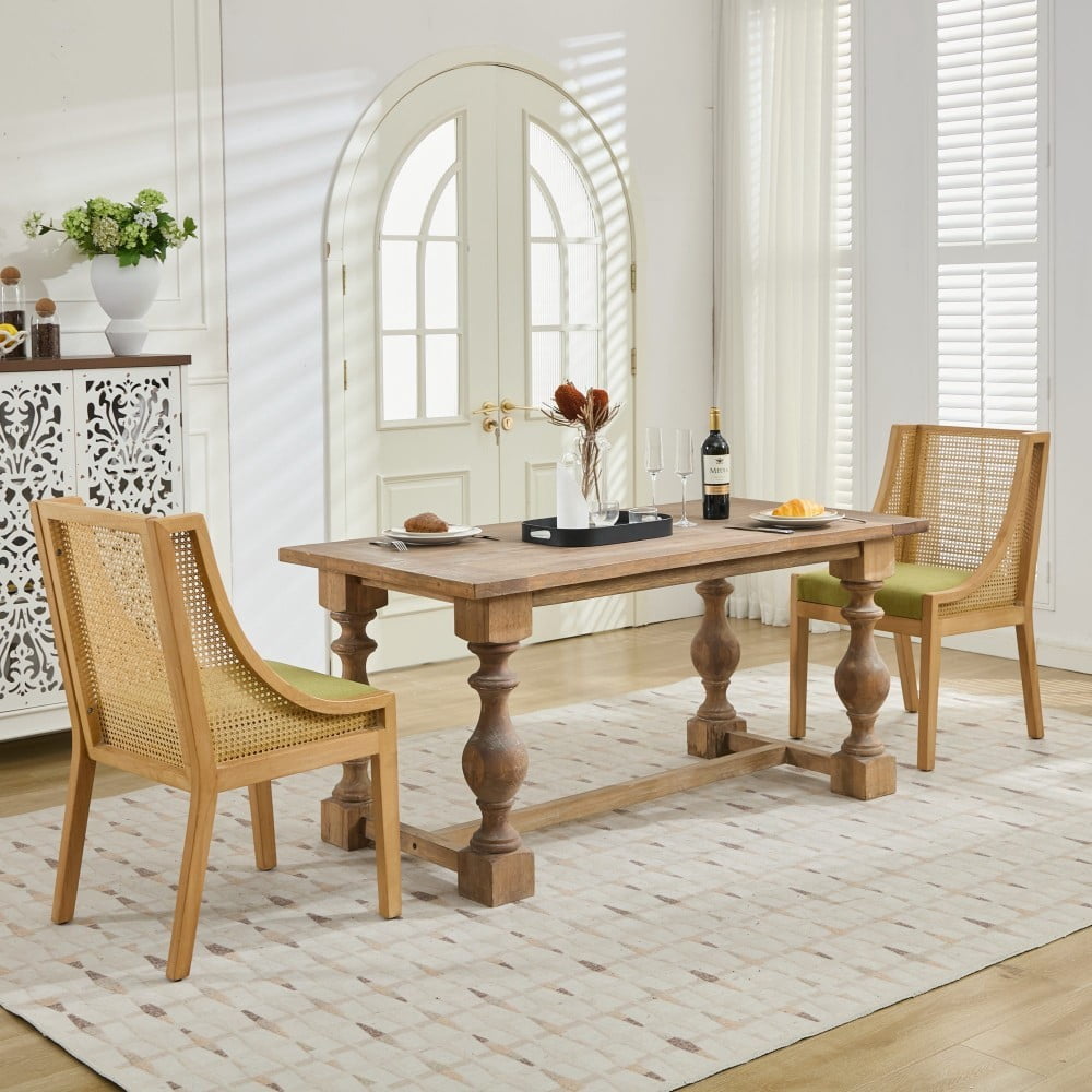 Rattan Dining Chair with Arms, Solid Wood Frame, Linen Upholstered Seat, Rustic Farmhouse Side Chair for Kitchen, Dining Room, Living Room, Olive Green