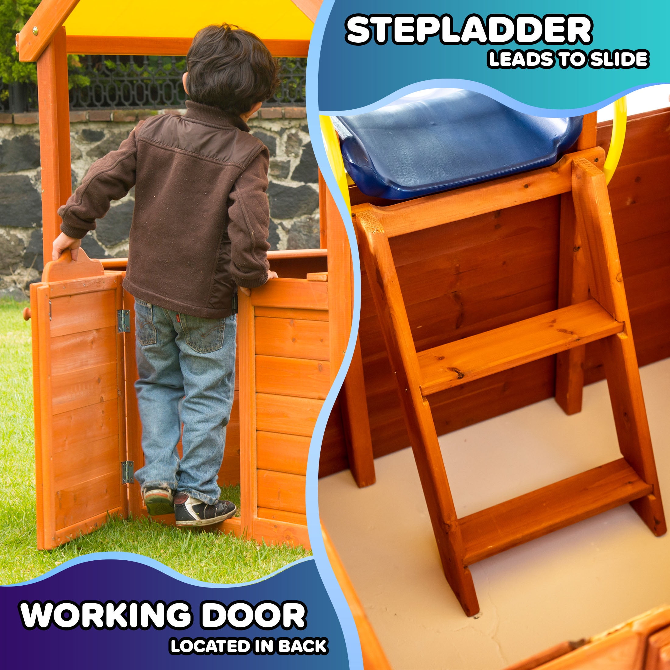 Sportspower Encinitas Wooden Playhouse with 4' Slide, Yellow Canopy & Table