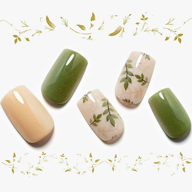Uñas a presión, cuadradas, medianas y cortas, GLAMERMAID, helechos verdes ámbar, uñas postizas con diseño, lindos kits de uñas postizas acrílicas, pegamento adhesivo en uñas, juegos para mujeres, uñas