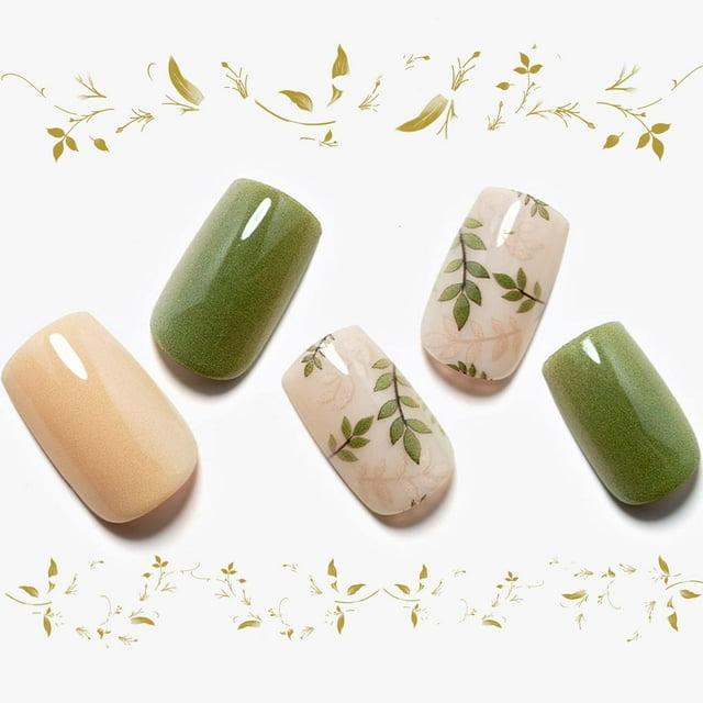 Uñas a presión, cuadradas, medianas y cortas, GLAMERMAID, helechos verdes ámbar, uñas postizas con diseño, lindos kits de uñas postizas acrílicas, pegamento adhesivo en uñas, juegos para mujeres, uñas