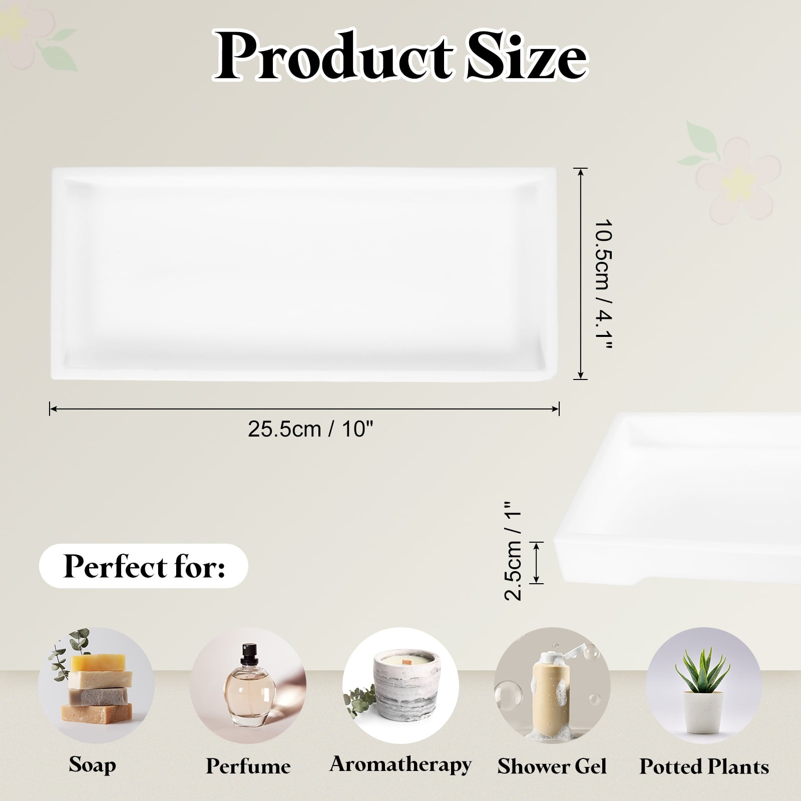 Uxcell Silicone Bathroom Tray, 10" x 4.1" Rectangular Vanity Tray for Dresser Top, Toilet, Small Tray for Soap Dispenser Lotion Bottles Perfume Jewelry Candle, White