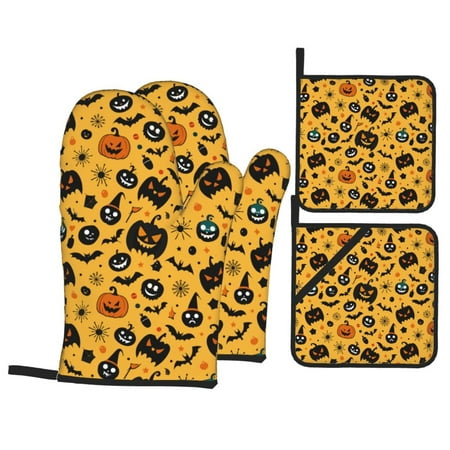 

Oven Mitts and Pot Holders Sets 4 pcs - Black Pumpkin Bat Halloween A Heat Resistant Silicone Oven Gloves with Non-Slip Silicone Surface and hot pads for kitchen Baking Cooking BBQ