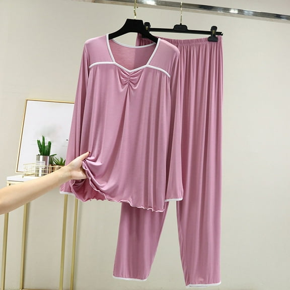 Herrnalise Women 2 Piece Modal Pajamas Sets Summer Long Sleeve Top and Drawstring Pants Soft Solid Color Sleepwear Suit Purple
