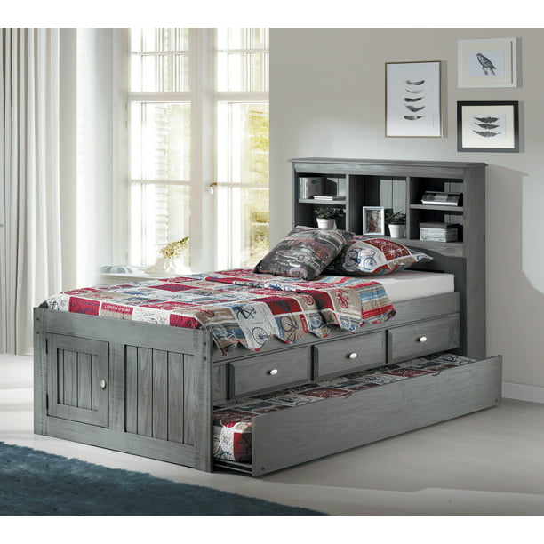 American Furniture Classics Solid Pine, Madison Grey Captain S Twin Bookcase Bed With Trundle