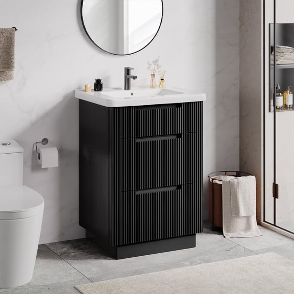 24″ Bathroom Vanity with Ceramic Sink, Modern Floor Vanity Sink Cabinet with 3 Drawers, Fluted Free Standing Bathroom Storage Cabinet with Sink Combo Set, Black