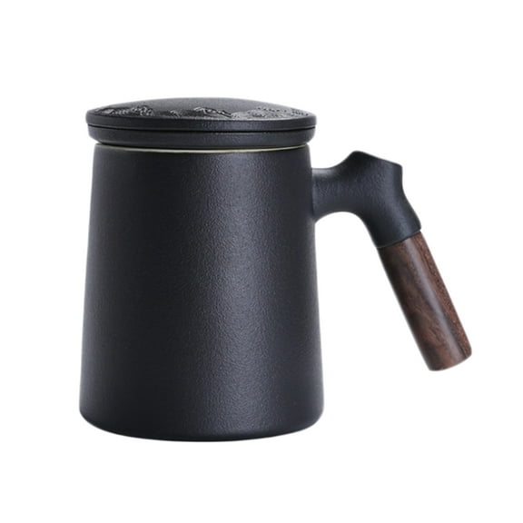 KAKOWELY 1Set Ceramic Filter Mug Unique Shape Black Office Tea Cup With Lid 400ML