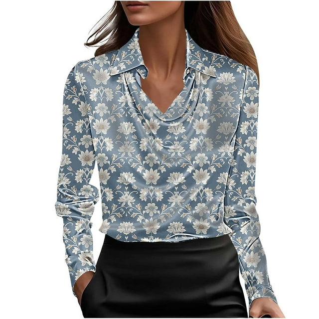 Printed Drop Neck Tunic for Women Boho Floral Pattern Long Sleeve Top with Button Front Relaxed Casual Blouse